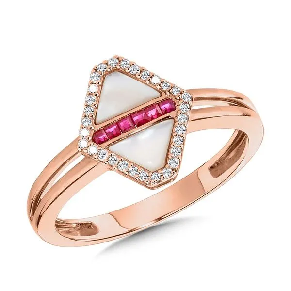 Geometric Diamond, Ruby & Mother of Pearl Split Shank Ring Gold Mine Jewelers Jackson, CA