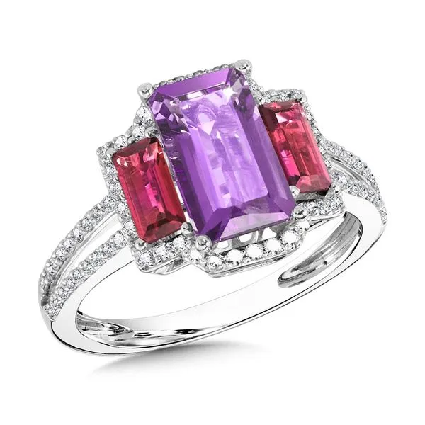 Emerald-Cut Amethyst & Garnet 3-Stone Diamond Halo Split Shank Cocktail Ring Grayson & Co. Jewelers Iron Mountain, MI