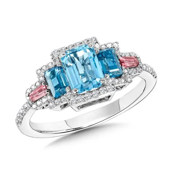 Emerald-Cut Swiss Blue Topaz & Baguette-Cut Pink Tourmaline Diamond Halo Cocktail Ring Grayson & Co. Jewelers Iron Mountain, MI