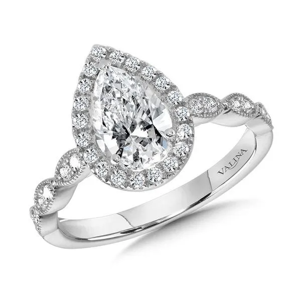 Scalloped & Milgrain-Beaded Pear-Shaped Halo Engagement Ring The Jewelry Source El Segundo, CA