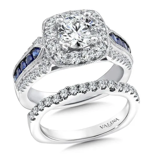 Diamond and Blue Sapphire Halo Engagement Ring Image 4 The Jewelry Source El Segundo, CA