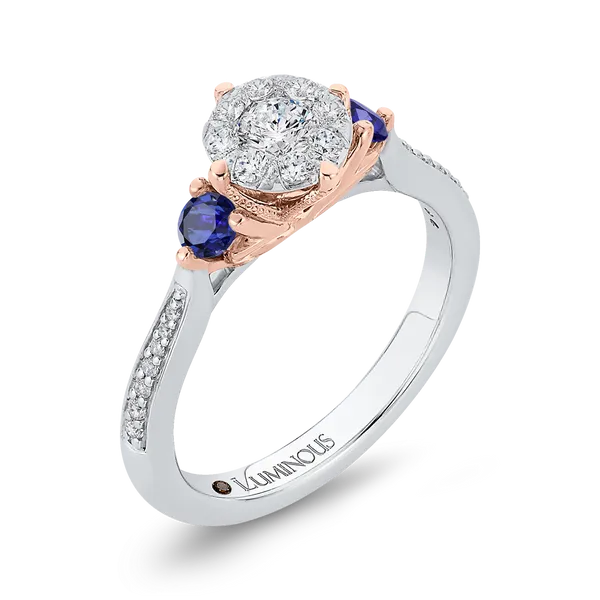 Round Diamond Three-Stone Engagement Ring with Blue Sapphire in 14K Two Tone Gold Image 2 McChristy Jewelers Columbus, NE