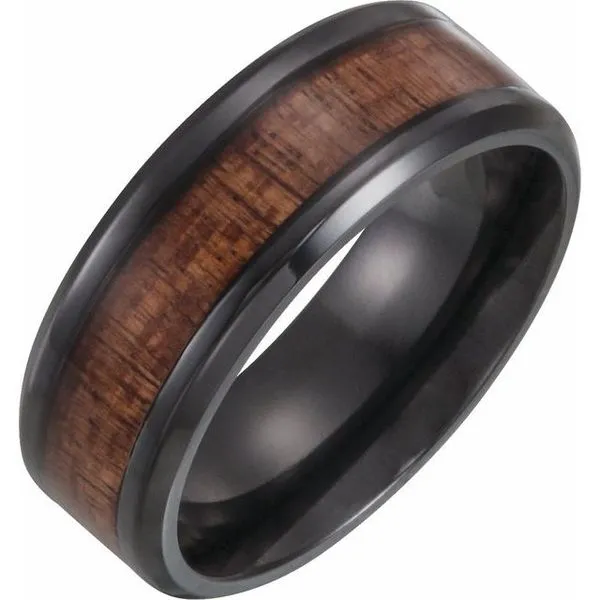 Beveled-Edge Hawaiian Koa Wood Inlay Comfort-Fit Band Mead Jewelers Enid, OK