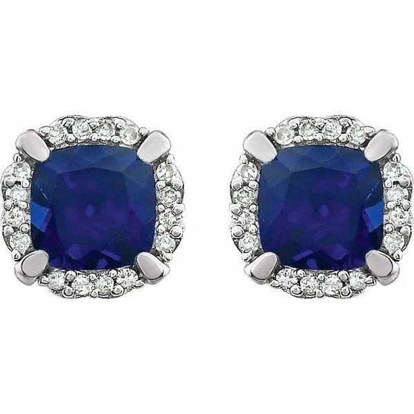Cushion 4-Prong Halo-Style Birthstone Earrings Image 2 Hopman Jewelers Elkhart, IN