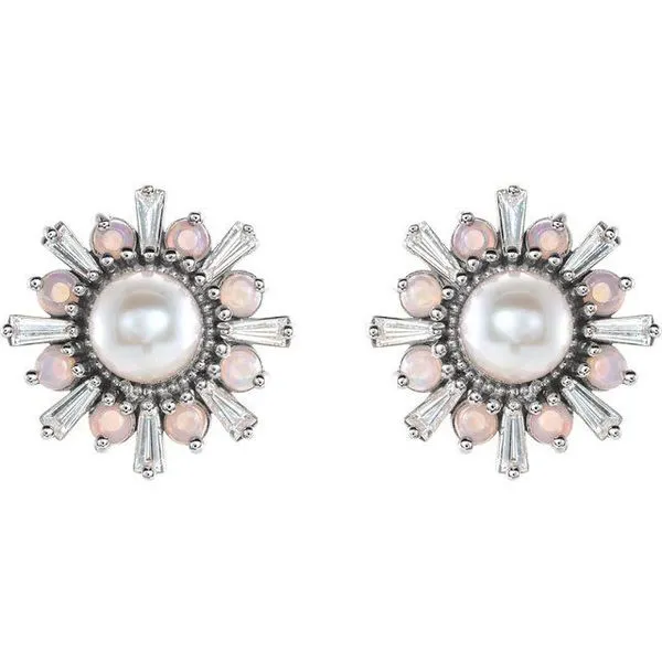 Halo-Style Stud Pearl Earrings Image 2 Linwood Custom Jewelers Linwood, NJ