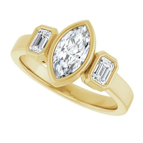 Bezel-Set Three-Stone Engagement Ring Image 5 Stuart Benjamin & Co. Jewelry Designs San Diego, CA