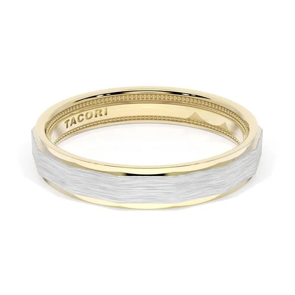 Brush Finish Faceted Wedding Band in 18kt Yellow Gold & 18kt White Gold Aires Jewelers Morris Plains, NJ
