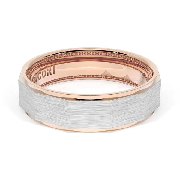 Brush Finish Faceted Wedding Band in 18kt Rose Gold & 18kt White Gold Aires Jewelers Morris Plains, NJ