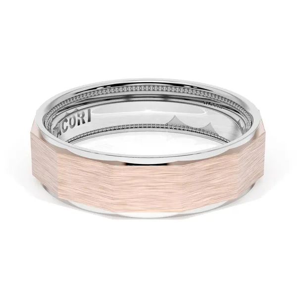 Brush Finish Faceted Wedding Band in 18kt White Gold & 18kt Rose Gold Aires Jewelers Morris Plains, NJ