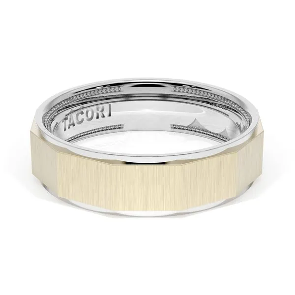 Satin Finish Faceted Wedding Band in 18kt White Gold & 18kt Yellow Gold Aires Jewelers Morris Plains, NJ