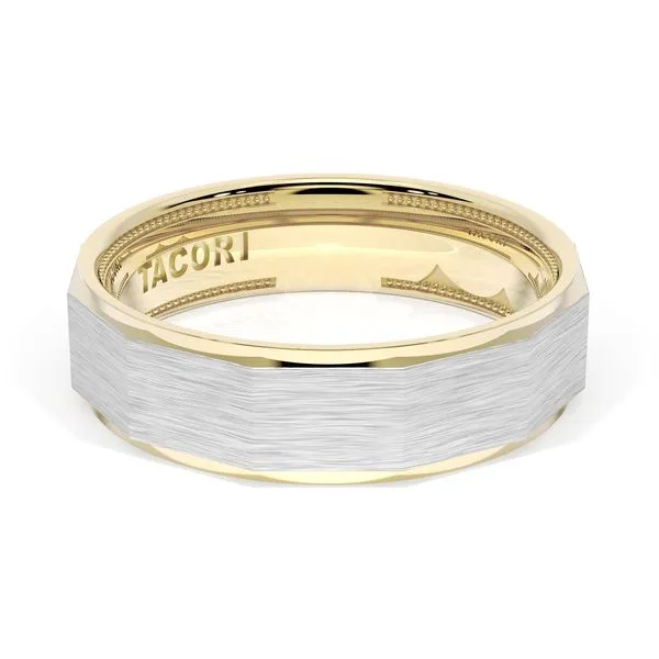 Brush Finish Faceted Wedding Band in 18kt Yellow Gold & 18kt White Gold Aires Jewelers Morris Plains, NJ