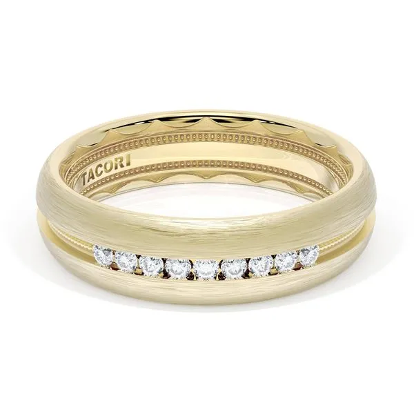 Rounded Brush Finish Diamond Wedding Band in 18kt Yellow Gold Aires Jewelers Morris Plains, NJ