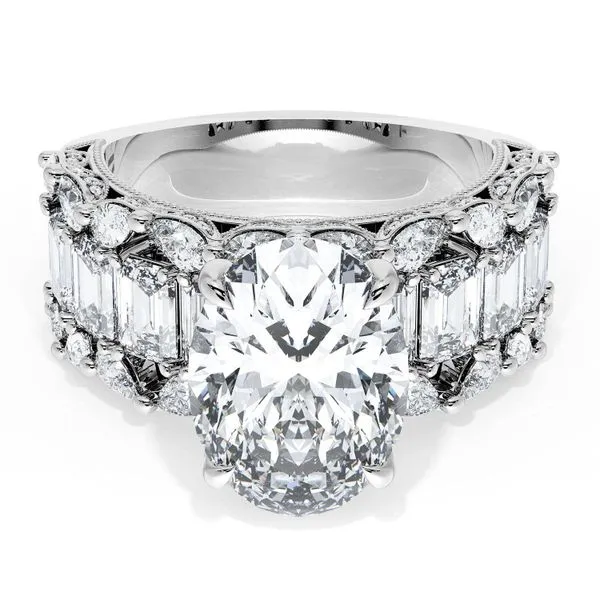 Oval Solitaire Engagement Ring w/ Emerald & Pear Band Aires Jewelers Morris Plains, NJ