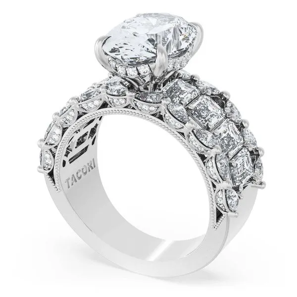 Oval Solitaire Engagement Ring w/ Emerald & Pear Band Aires Jewelers Morris Plains, NJ