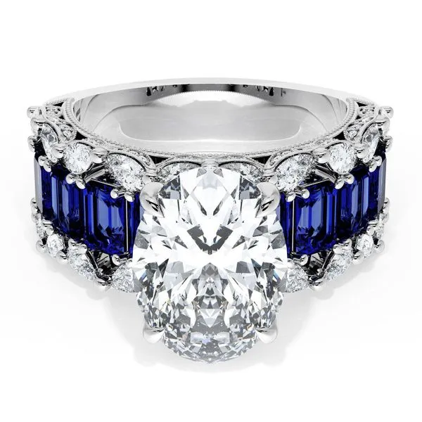 Oval Solitaire Engagement Ring w/ Emerald & Pear Band Aires Jewelers Morris Plains, NJ