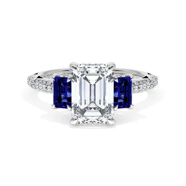 Emerald 3-Stone Engagement Ring in Blue Sapphire Aires Jewelers Morris Plains, NJ