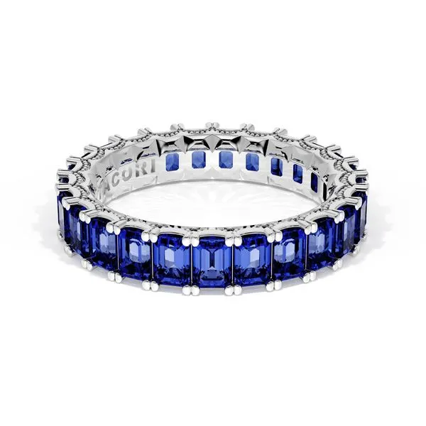 Emerald Cut Blue Sapphire Eternity Band in Platinum Aires Jewelers Morris Plains, NJ