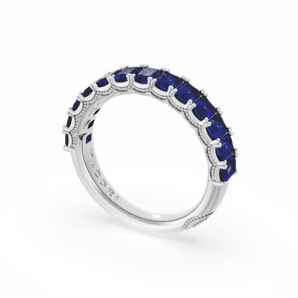 Emerald Cut Blue Sapphire Eternity Band in 18kt White Gold Aires Jewelers Morris Plains, NJ