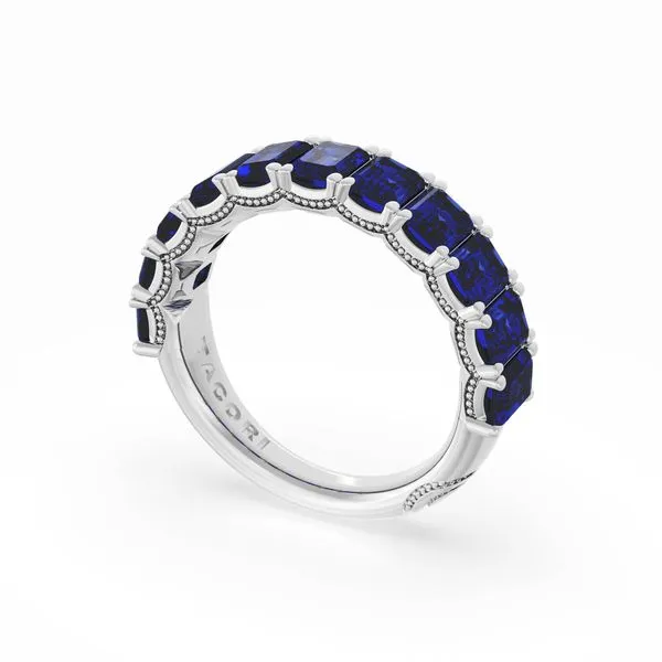 Emerald Cut Blue Sapphire Eternity Band in 18kt White Gold Aires Jewelers Morris Plains, NJ