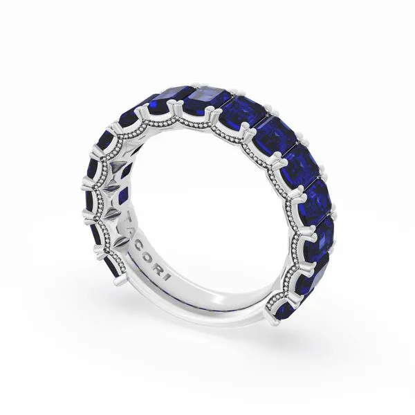 Emerald Cut Blue Sapphire Eternity Band in 18kt White Gold Aires Jewelers Morris Plains, NJ