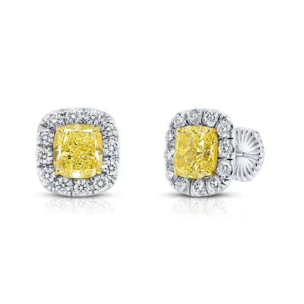 Uneek Natureal Collection Halo Cushion Yellow Diamond Stud Earrings Quest Fine Jewelers Fairfax, VA