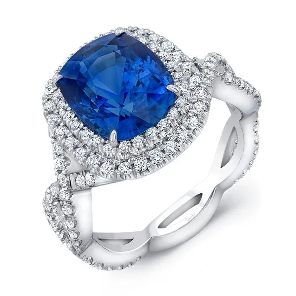 Uneek Precious Collection Double-Halo Cushion Blue Sapphire Engagement Ring Mystique Jewelers Alexandria, VA