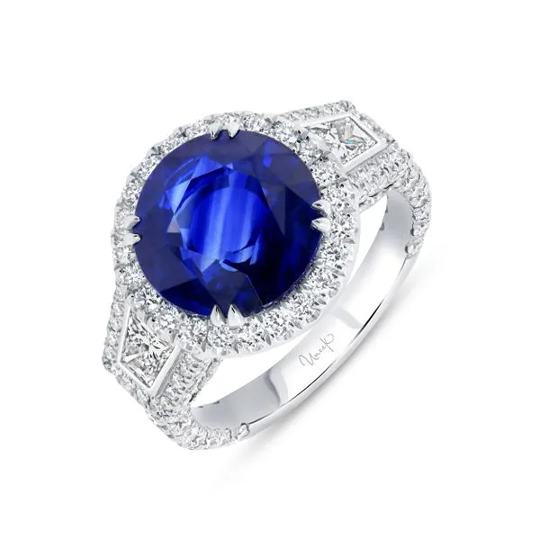 Uneek Precious Collection 3-Stone-Halo Round Blue Sapphire Engagement Ring Aires Jewelers Morris Plains, NJ