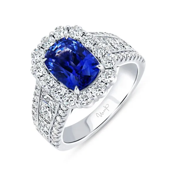 Uneek Precious Collection Halo Cushion Blue Sapphire Engagement Ring Quest Fine Jewelers Fairfax, VA