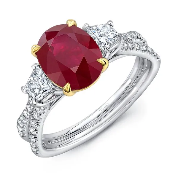 Uneek Precious Collection Three-Stone Oval Ruby Engagement Ring Diamond Source Jewelers Greenwood Village, CO