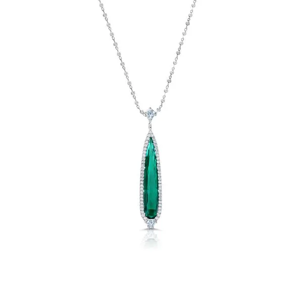 Uneek Precious Collection Halo Pear Indicolite Tourmaline Drop Necklace Diamond Source Jewelers Greenwood Village, CO