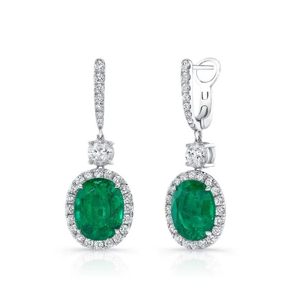 Uneek Precious Collection Halo Oval Emerald Drop Earrings Diamond Source Jewelers Greenwood Village, CO