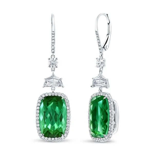 Uneek Precious Collection Halo Emerald Green Tourmaline Dangle Earrings Quest Fine Jewelers Fairfax, VA