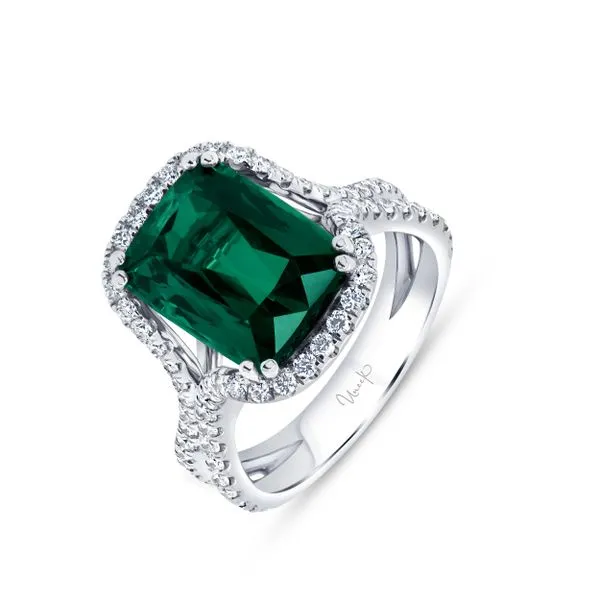 Uneek Precious Collection Halo Elongated-Cushion Green Tourmaline Engagement Ring Diamond Source Jewelers Greenwood Village, CO