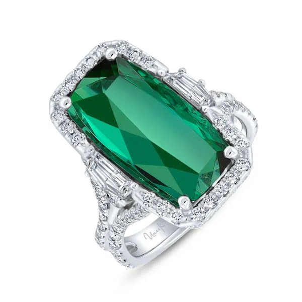 Uneek Precious Collection 3-Stone-Halo Elongated-Cushion Green Tourmaline Engagement Ring Diamond Source Jewelers Greenwood Village, CO