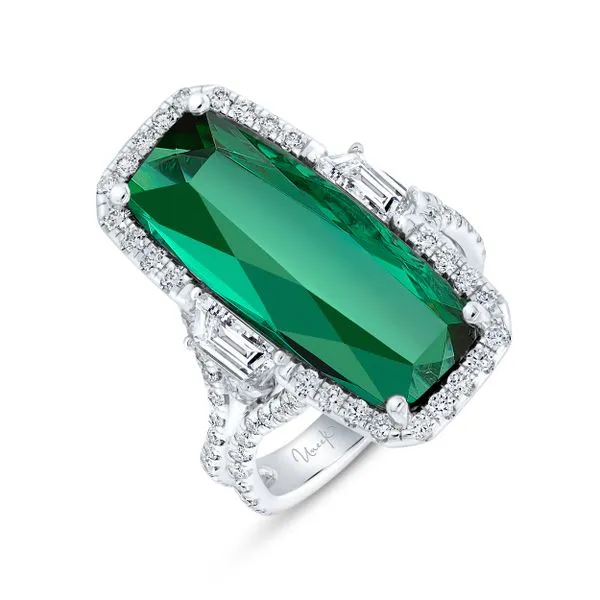 Uneek Precious Collection 3-Stone-Halo Elongated-Cushion Green Tourmaline Engagement Ring Diamond Source Jewelers Greenwood Village, CO