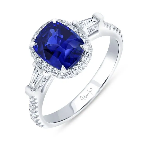 Uneek Precious Collection 3-Stone-Halo Cushion Blue Sapphire Engagement Ring Mystique Jewelers Alexandria, VA