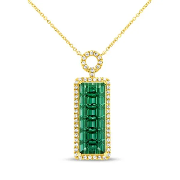 Uneek Precious Collection Halo Emerald Green Tourmaline Drop Pendant Diamond Source Jewelers Greenwood Village, CO