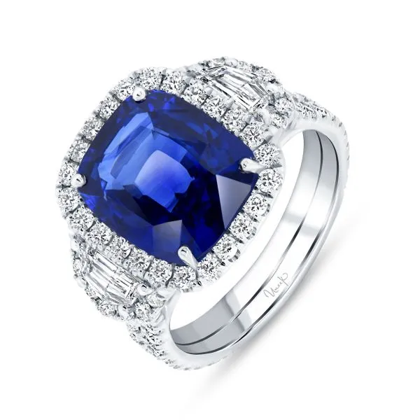 Uneek Precious Collection 3-Stone-Halo Cushion Blue Sapphire Engagement Ring Diamond Source Jewelers Greenwood Village, CO