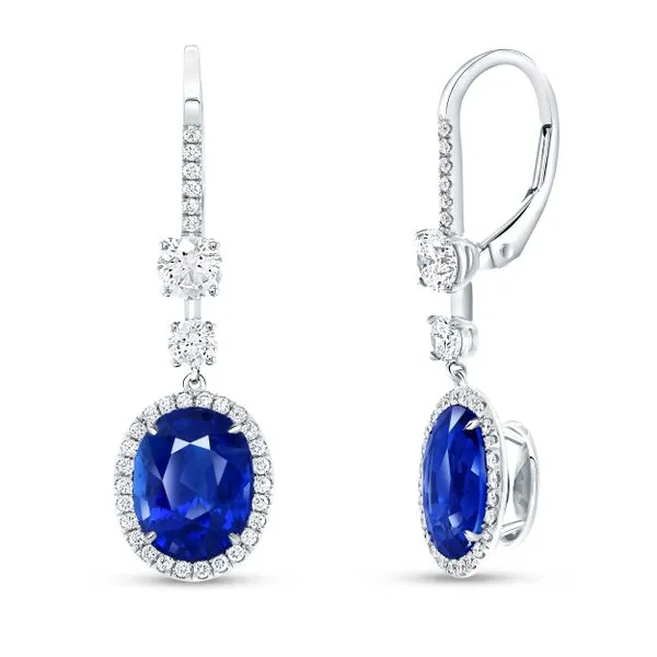 Uneek Precious Collection Halo Oval Blue Sapphire Dangle Earrings Diamond Source Jewelers Greenwood Village, CO