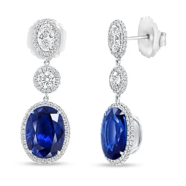 Uneek Precious Collection Halo Oval Blue Sapphire Dangle Earrings Diamond Source Jewelers Greenwood Village, CO