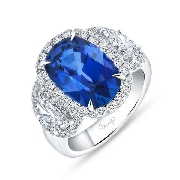 Uneek Precious Collection 3-Stone-Halo Cushion Blue Sapphire Engagement Ring Diamond Source Jewelers Greenwood Village, CO