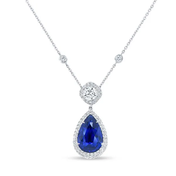 Uneek Precious Collection Halo Pear Blue Sapphire Drop Pendant Diamond Source Jewelers Greenwood Village, CO