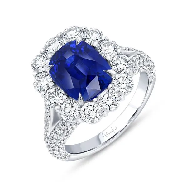 Uneek Precious Collection Halo Cushion Blue Sapphire Engagement Ring Diamond Source Jewelers Greenwood Village, CO