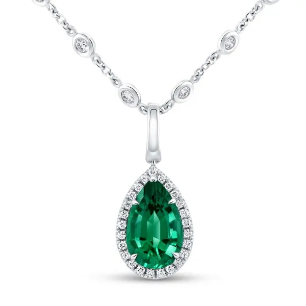 Uneek Precious Collection Halo Pear Emerald Drop Pendant Diamond Source Jewelers Greenwood Village, CO