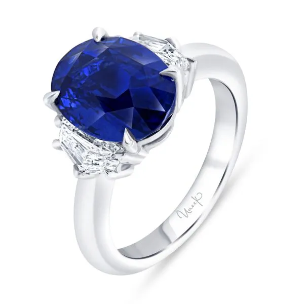 Uneek Precious Collection Three-Stone Oval Blue Sapphire Engagement Ring Mystique Jewelers Alexandria, VA
