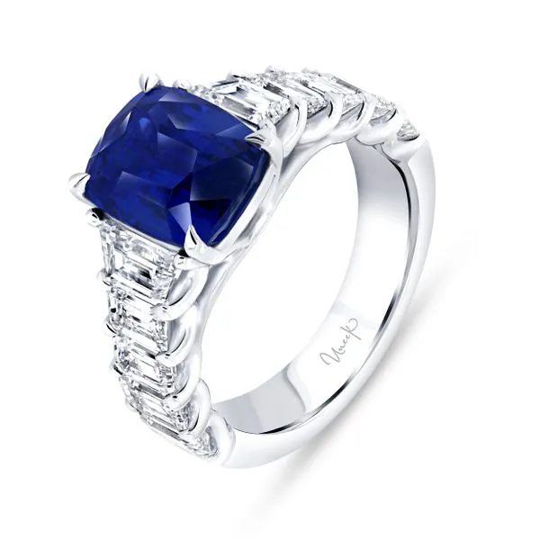 Uneek Precious Collection Tapered Cushion Blue Sapphire Engagement Ring Aires Jewelers Morris Plains, NJ