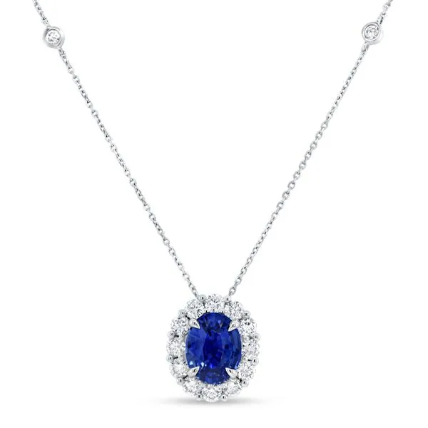 Uneek Precious Collection Halo Oval Blue Sapphire Drop Pendant Diamond Source Jewelers Greenwood Village, CO