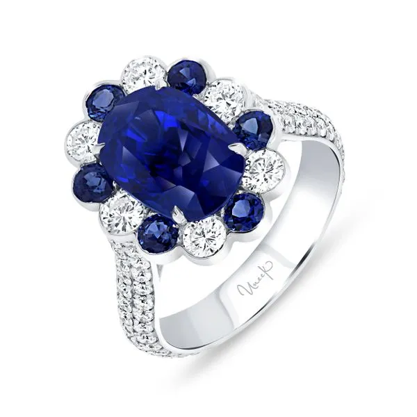 Uneek Precious Collection Halo Cushion Blue Sapphire Engagement Ring Diamond Source Jewelers Greenwood Village, CO
