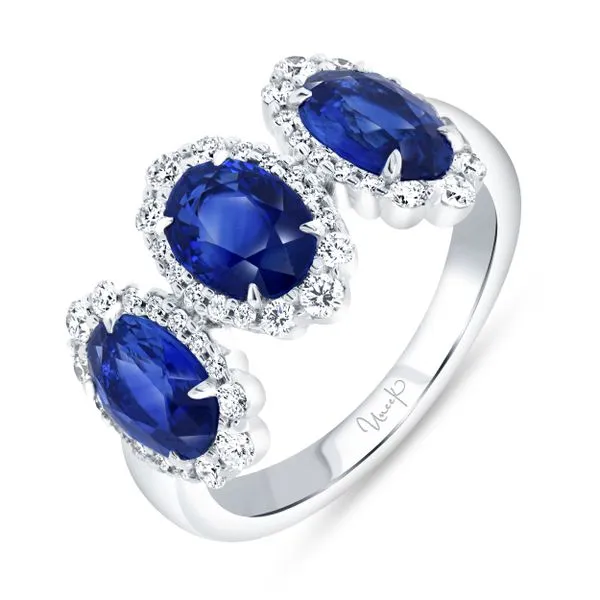 Uneek Petals Collection 3-Stone-Halo Oval Blue Sapphire Anniversary Ring Diamond Source Jewelers Greenwood Village, CO