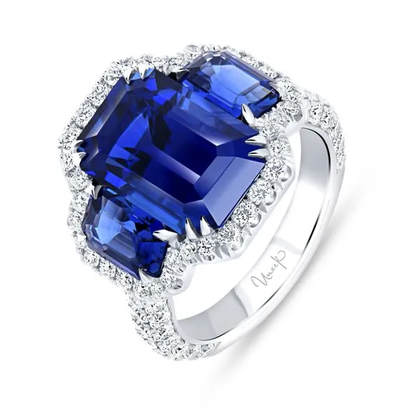 Uneek Precious Collection 3-Stone-Halo Emerald Blue Sapphire Engagement Ring Quest Fine Jewelers Fairfax, VA